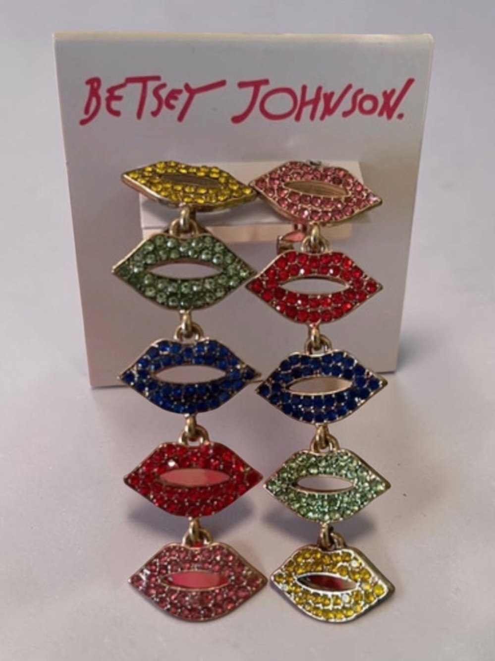BETSEY JOHNSON Rainbow Pavé Crystal-Studded Linear Lips Drop Earrings PRIDE NWT